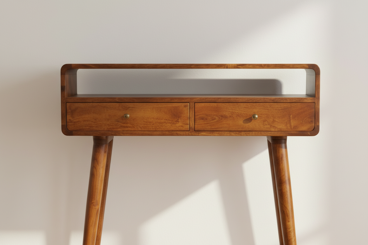 Curved Chestnut Console Table zoomed in