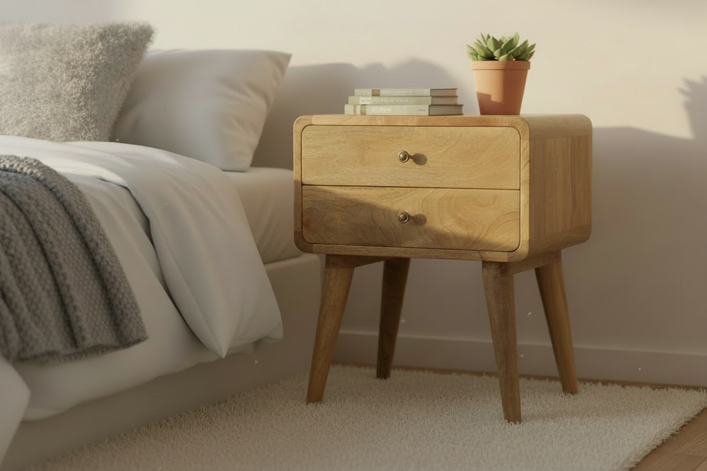Curved Oak-ish Bedside - Tight Close-up