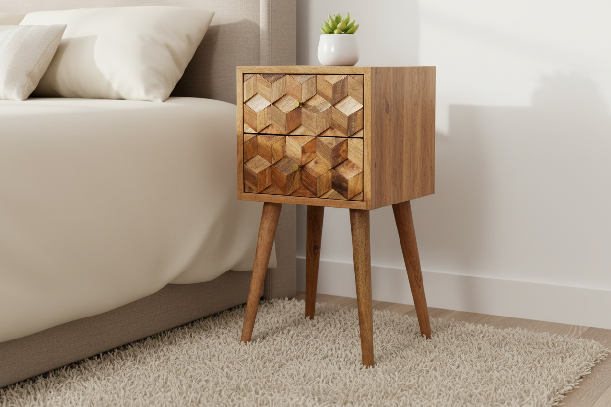Mini Cube Carved 2 Drawer Bedside